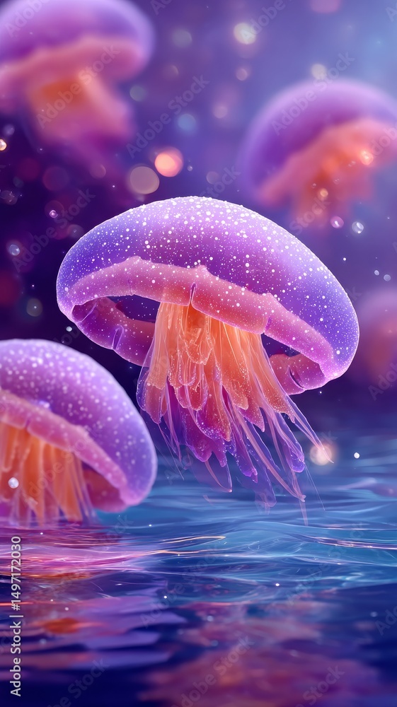 Poster glowing floating jellyfish in an ethereal aquatic environment with soft colors and magical atmospher