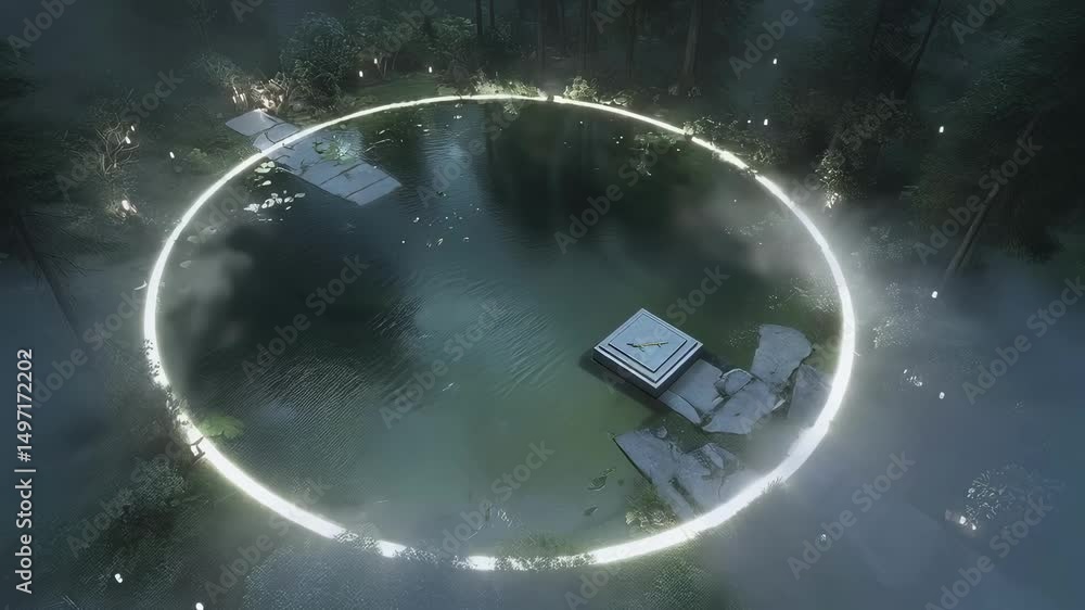 Poster fog gradually increases over a circular pond illuminated by a ring light and surrounded by trees at 