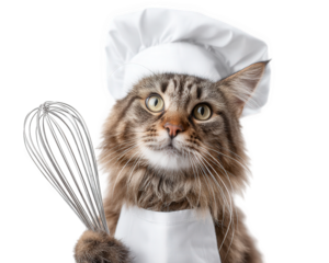 Maine Coon cat wearing tiny chef hat and apron holds whisk, exuding playful and charming demeanor. This adorable feline is ready to whip up some culinary delights in kitchen