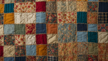 Colorful Patchwork Quilt with Floral Fabric Squares
