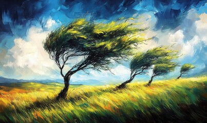 Windgepeitschte Bäume in der Landschaft