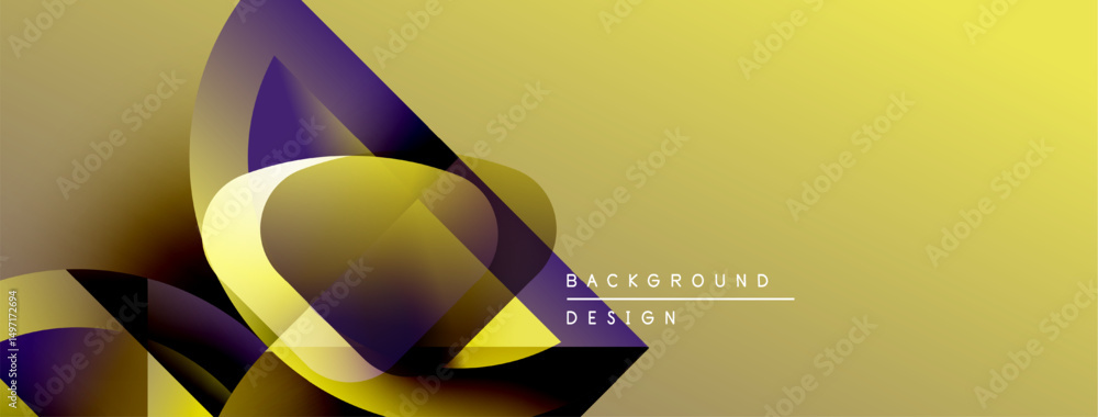 Fototapete Abstract dynamic composition. Golden yellow backdrop features purple flowing shapes, creating modern visual effect. Text reads background design.