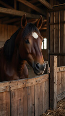 Obraz premium A close-up of a calm brown horse with a white blaze, resting its head over a wooden stable gate, softly lit in a rustic barn setting.