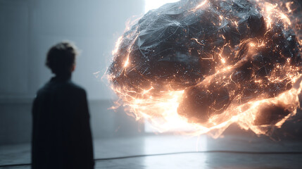 Conceptual image of a human seeing a huge glow brain in front of him