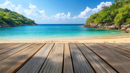 Fototapeta premium Tranquil Tropical Beach Scene with Wooden Deck