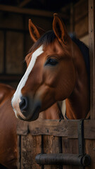 A close-up of a calm brown horse with a white blaze, resting its head over a wooden stable gate, softly lit in a rustic barn setting.