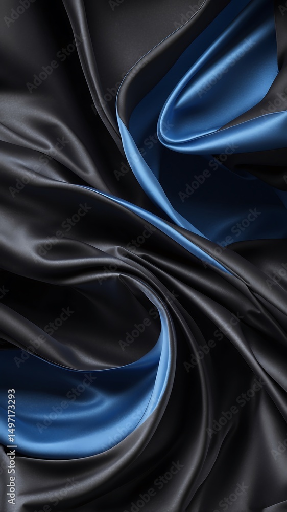 Poster abstract flowing fabric in shades of black and blue creating a dynamic design.