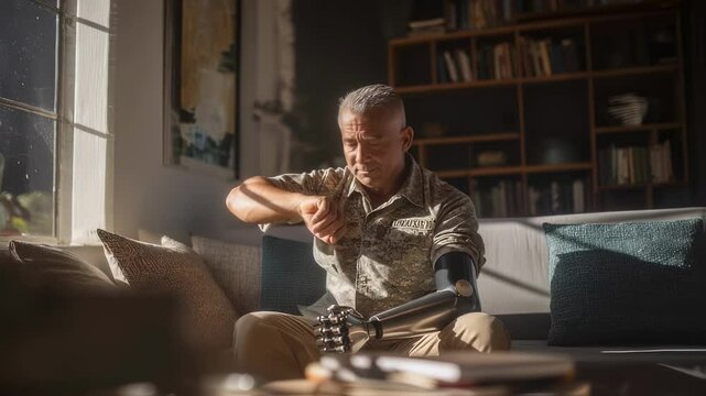Military veteran sitting comfortably on living room sofa, carefully adjusting advanced robotic prosthetic arm, demonstrating personal resilience and technological innovation in daily life