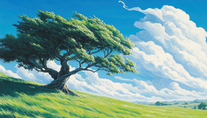 Windgepeitschter Baum auf grüner Hügellandschaft unter strahlend blauem Himmel