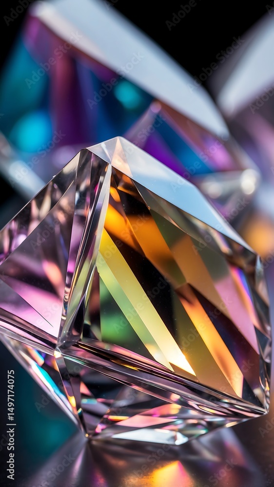 Poster abstract close-up of colorful crystal structures with light reflections and geometric shapes.