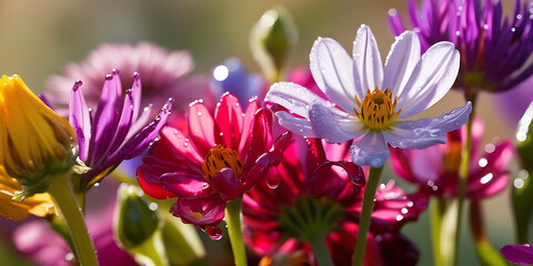 Vibrant Bouquet of Purple, Pink, and Yellow Flowers with Dew

