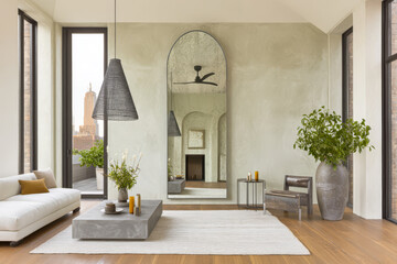 Modern living room design featuring large mirror and sleek furniture with city view