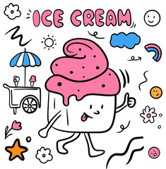 Ice cream doodle hand drawn icon set with character. Outline drawing with color ice cream line clipart symbol collection. Vector illustration