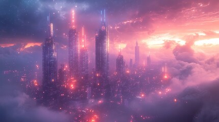 Obraz premium Mystical City of Light Ascending Through the Dreamlike Cloudscape Awaits Wonder and Exploration