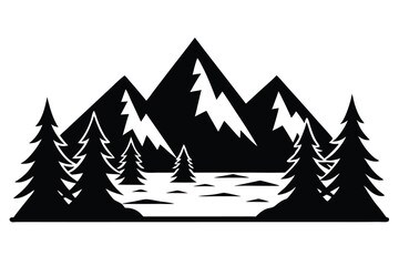 Winter holiday landscape vector illustration with a snow-covered forest, pine trees, and distant mountains under a festive sky