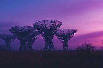 Silhouettes of massive radio telescope dishes under twilight sky with purple-blue hues, evoking space exploration and advanced technology