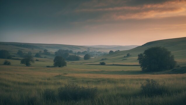 A peaceful landscape of rolling hills and open fields under a sky with clouds at sunset or sunrise.
