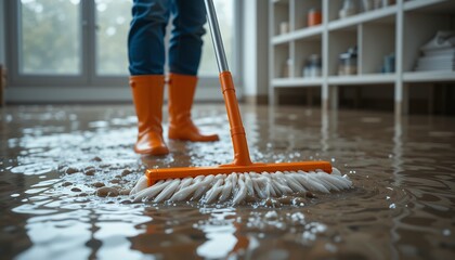 Person cleaning water flooded indoor floor with orange mop during home flood