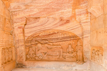 Intricate carving of Hindu deity at Hindu cave temple, Badami, karnataka, India.