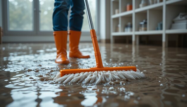 Person cleaning water flooded indoor floor with orange mop during home flood