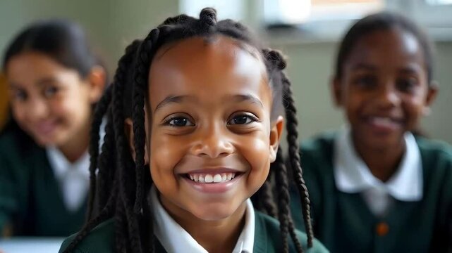A mixed race girl , brown skin , 14 years old, dreadlocks , smiling, with two girls behind her, in a school - Powered by Adobe