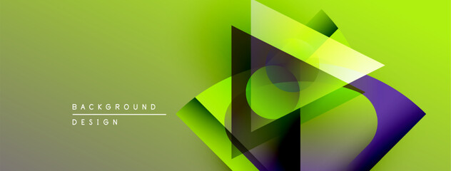 Abstract geometric shapes overlap, creating vibrant green, purple gradients. Modern design element for backgrounds, presentations.