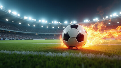 A soccer ball is engulfed in flames on a stadium field, creating a dramatic and intense visual effect.