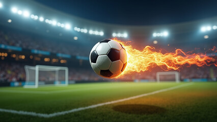 Fototapeta premium A soccer ball is engulfed in flames on a stadium field, creating a dramatic and intense visual effect.