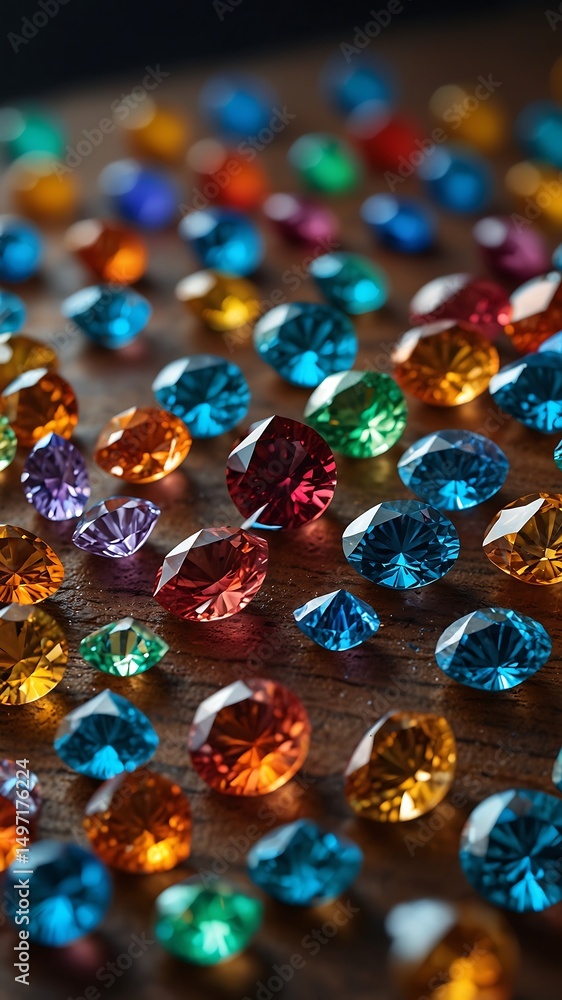 Poster colorful gems or beads scattered on a surface with shallow depth of field.