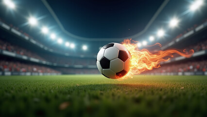 Naklejka premium A soccer ball is engulfed in flames on a stadium field, creating a dramatic and intense visual effect.