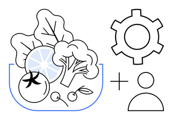 Bowl of vegetables, leafy greens, tomato, citrus slice, broccoli paired with gear, user icon for teamwork. Ideal for nutrition, health, teamwork planning wellness process simple landing page