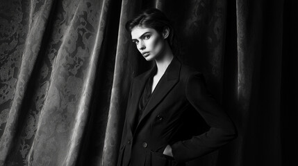 A versatile stock image showing monochrome elegance: fashion model poses in black tie and classic coat, with a m keyboard, in a portrait photoshoot.