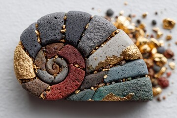 A decorative spiral shell made of various colored stones and gold accents. The shell is placed on a light surface with small stones scattered around it.