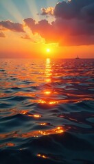 Obraz premium A majestic view of a calm sea at sunset, the sun dipping below the horizon, reflecting golden hues on the water Perfect for travel, serenity, and inspirational themes , sunset, vibrant, twilight
