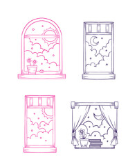window in a the wall decorative day and night illustration vector line art set1