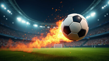A soccer ball is engulfed in flames on a stadium field, creating a dramatic and intense visual effect.