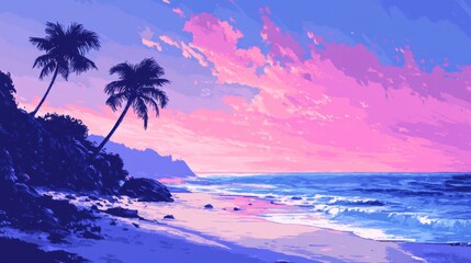 Pink and Purple Tropical Sunset Over a Calm Ocean Beach