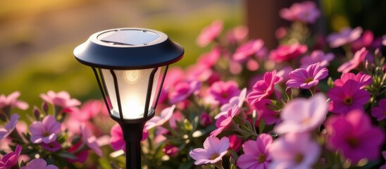 Solar panel lamp concept. A solar lamp shines among vibrant pink flowers in a garden setting.