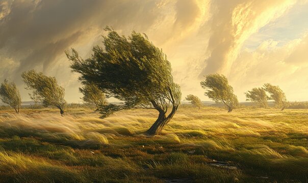 Windgepeitschte B&auml;ume in goldener Landschaft