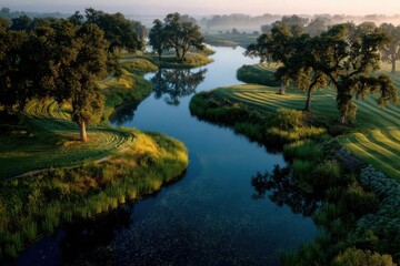 Fototapeta premium A serene landscape featuring a winding river surrounded by lush green grass and trees. The scene captures the tranquility of nature at dawn.