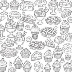 Seamless pattern with dessert, ice cream, cake, pie, donut, cupcake, sweet, food, bakery, delicious in black and white for adult coloring book. can use for print , coloring and card design