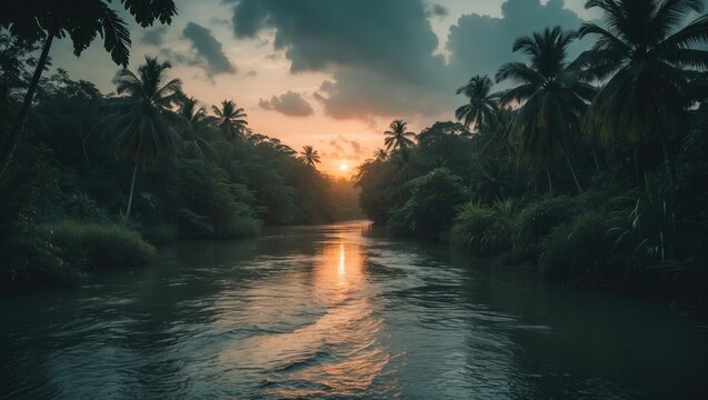 Tropical river scene at sunset with palm trees and lush greenery, capturing the serene beauty of nature.