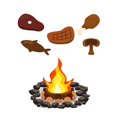 Grill BBQ on a fork icon set. Mushroom, chicken, steak and fish Camping bonfire, burning woodpile and round of stones vector illustration design isolated