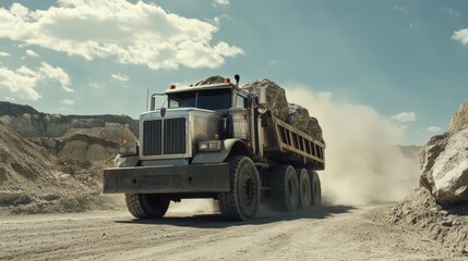 Heavy Dump Truck Driving Through Dusty Open Pit Mine Carrying Large Rocks
