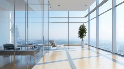 Fototapeta premium Bright modern office interior with floor to ceiling windows and city view and furniture inside space