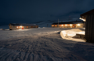 Helags Mountain station in Jämtland, Sweden, during a cold and windy night in March.
