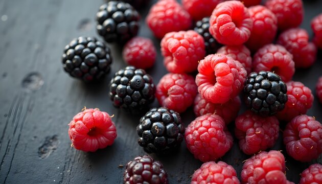 A close-up of a pile of raspberries and blackberries on a dark surface