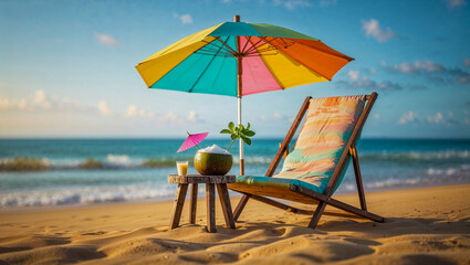 A colorful beach umbrella is set up on the sand, with a table and a chair underneath it. A cup of juice is on the table, and a bowl with a coconut on top of it