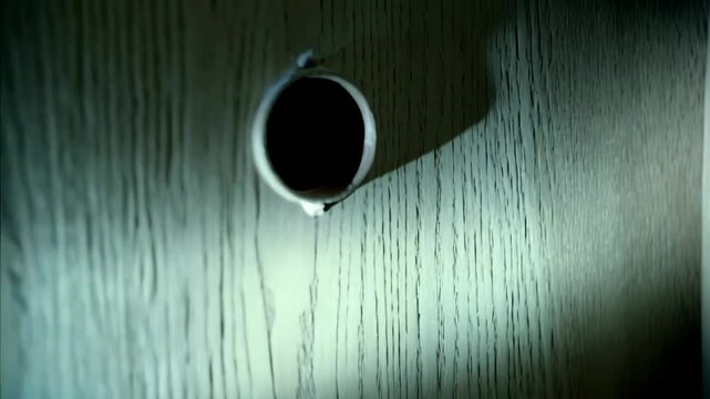 Wooden door with peephole and light shining, offering a glimpse into the unknown interior, textured surface