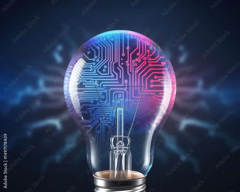 Poster concept of digital innovation: light bulb with integrated circuit pattern